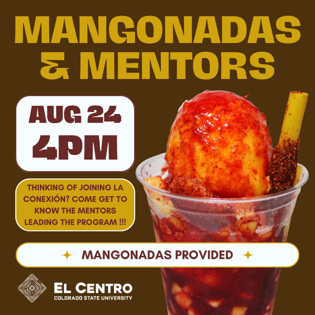 Background is a dark brown. Along the left and bottom are rounded squares, alternating in white and yellow. On the right is a close-up of a Mangonada with a straw coated in spices.