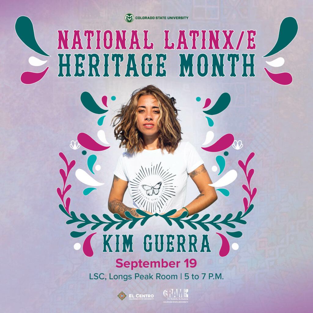 Background fades from light to dark lavenders.  In the center is a portrait of Kim Guerra surrounded by a leaf design in blue and purple. Along the top it reads National Latinx/e Heritage Month.