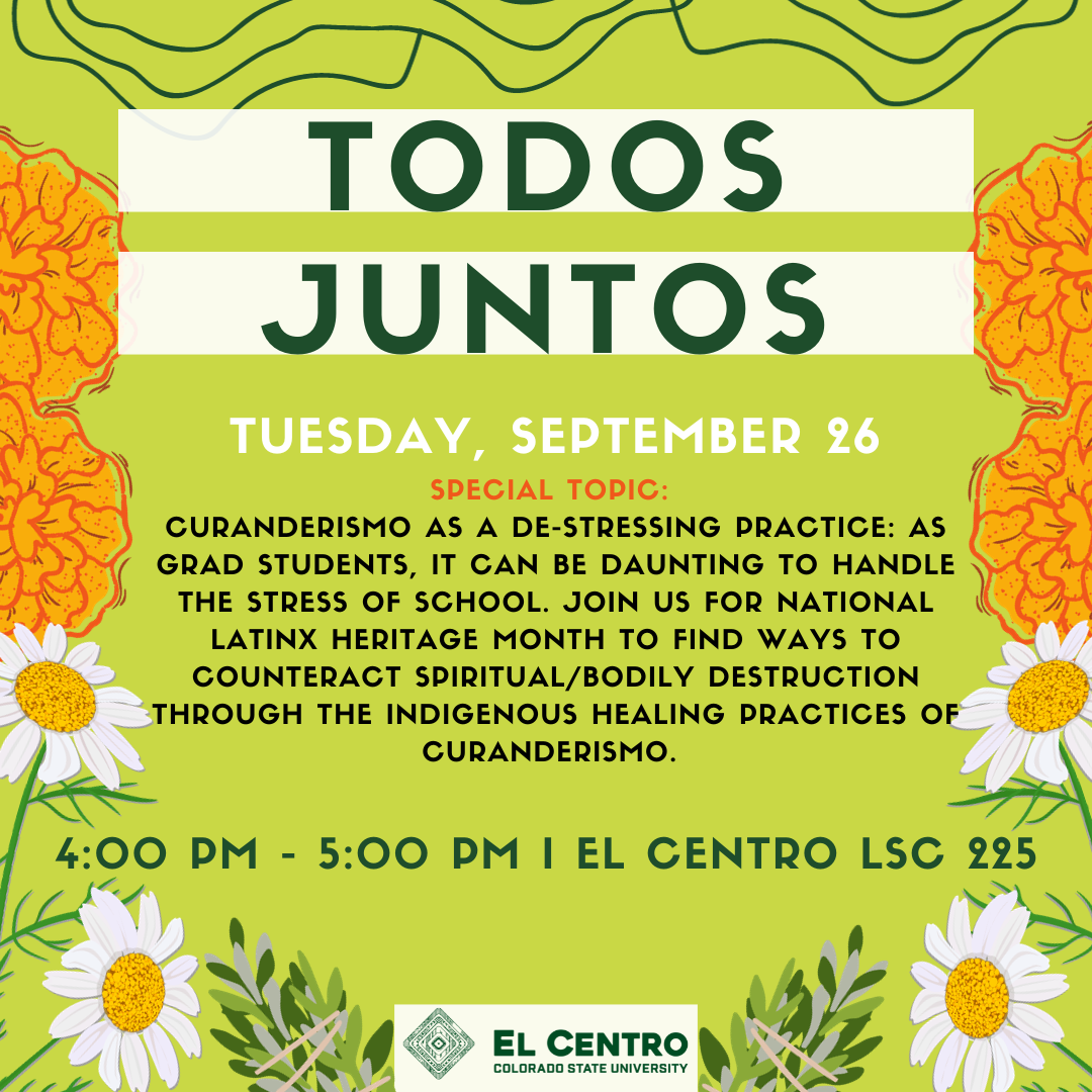image background is alfalfa green.  Along the border are marigolds, chamomile, and other plants.  In the center it says, "Todos Juntos" and along the bottom is the El Centro logo.