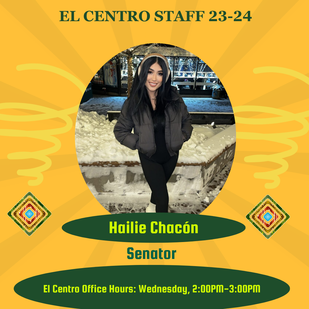 Portrait of Hailie Chacon. Background is yellow with yellow designs. Along the bottom are two El Centro logos and Delegate's Information