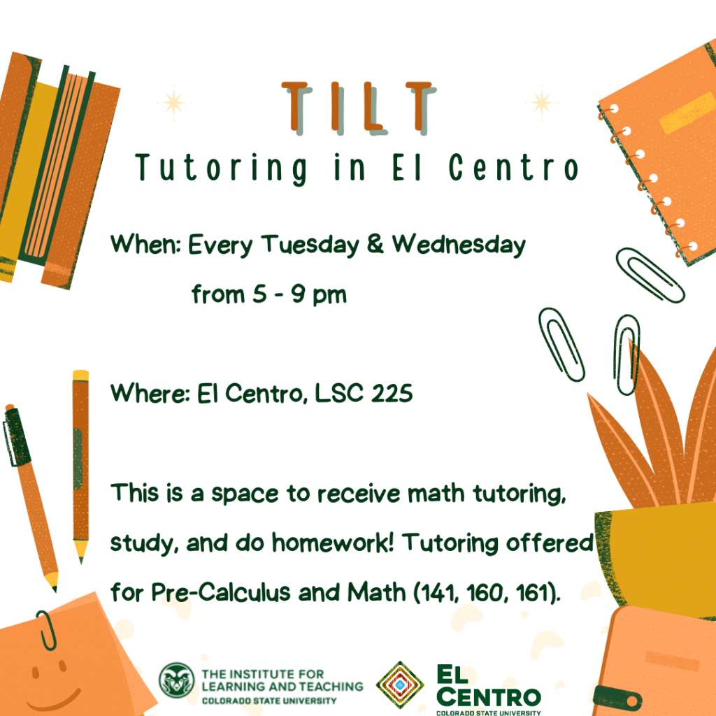 TiLT Tutoring Poster with white background. In each corner are various school supplies in yellows and greens.